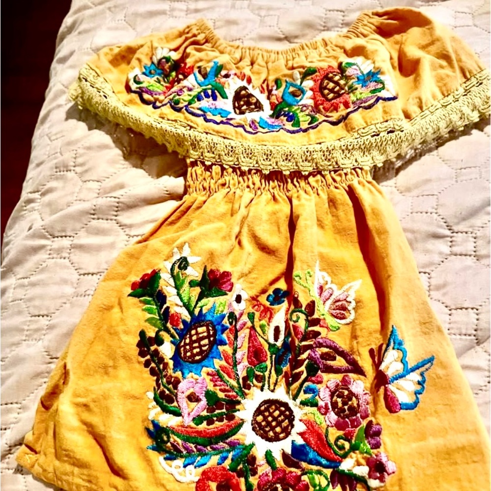 Yellow Embroidered Off-Shoulder Dress with Floral Motif